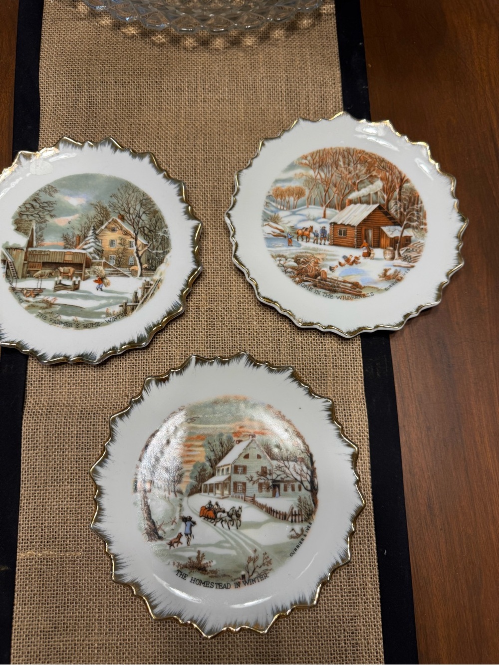 Vintage Nevco Currier and Ives Winter Collector Plates Set of 3 Gold Rim Japan